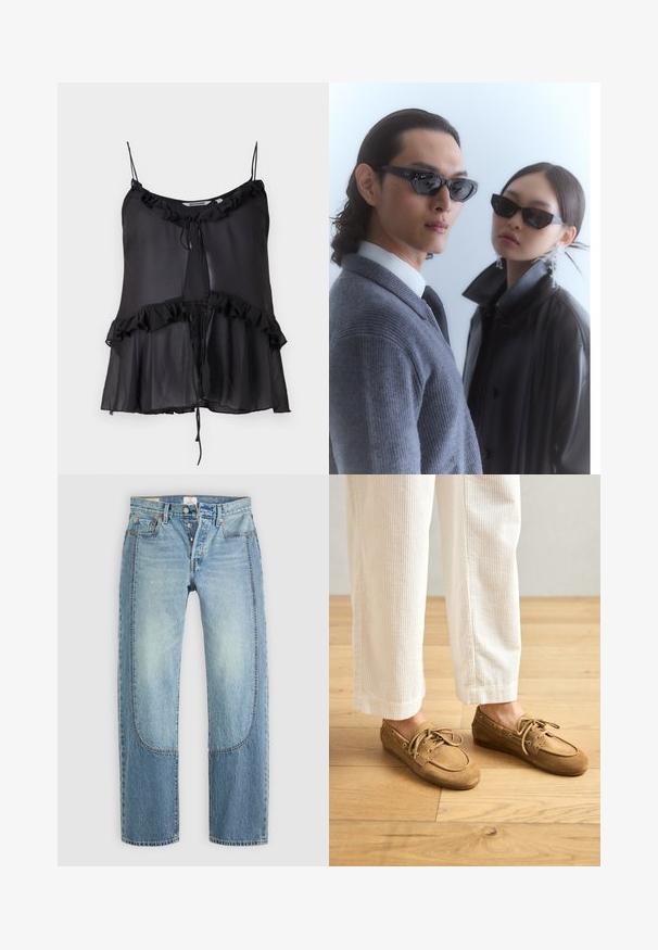 Top negro sin mangas hecho de tela transparente, con un escote y dobladillo con volantes, y un detalle de cordón en la parte central frontal.; Jeans de mezclilla azul claro con un corte recto y holgado, que presentan detalles de paneles en contraste y un diseño de cinco bolsillos. Cierre de botón.; Zapatos de barco de ante marrón con cordones, con punta redondeada y detalles de costura. Llevados con pantalones de pana blanca en un entorno de madera.; Gafas de sol con montura negra angular en un modelo con un suéter gris, mostrando un tejido texturizado y una chaqueta de cuero negra usada por otro modelo.; Bolso de mano de cuero negro con forma curva, tachuelas doradas a lo largo del borde, correa ajustable y un lazo lateral para un detalle adicional.