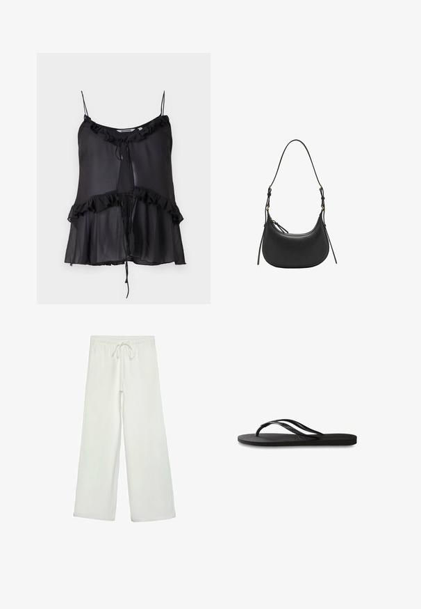 Črna brezrokavnica iz prozorne tkanine, z naboranim ovratnikom in robom ter z vrvico na sredini spredaj.; Bele široke hlače iz mehkega blaga. Imajo elastičen pas s vrvico in gladko teksturo. Brez vidnih vzorcev ali kovinskih delov.; Črne natikače z teksturirano gumijasto podlogo, dvema ozkima trakoma in subtilnim, vtisnjenim logom na traku.; Črna usnjena torba za rame s ukrivljeno obliko, nastavljivim trakom, zlatimi kovinskimi dodatki in gladko teksturo.