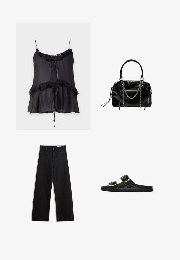 Zwarte mouwloze top van transparante stof, met een rimpelende halslijn en zoom, en een trekkoorddetail aan de voorkant.; Zwarte denim broek met wijde pijpen en een hoge taille, voorzien van voor- en achterzakken, gestikte naden en een knoopsluiting. Gladde textuur.; Zwarte slipper met twee gouden gesps, gladde textuur, platte zool en een minimalistisch ontwerp.; Bershka WITH CHAIN - Handtas - black