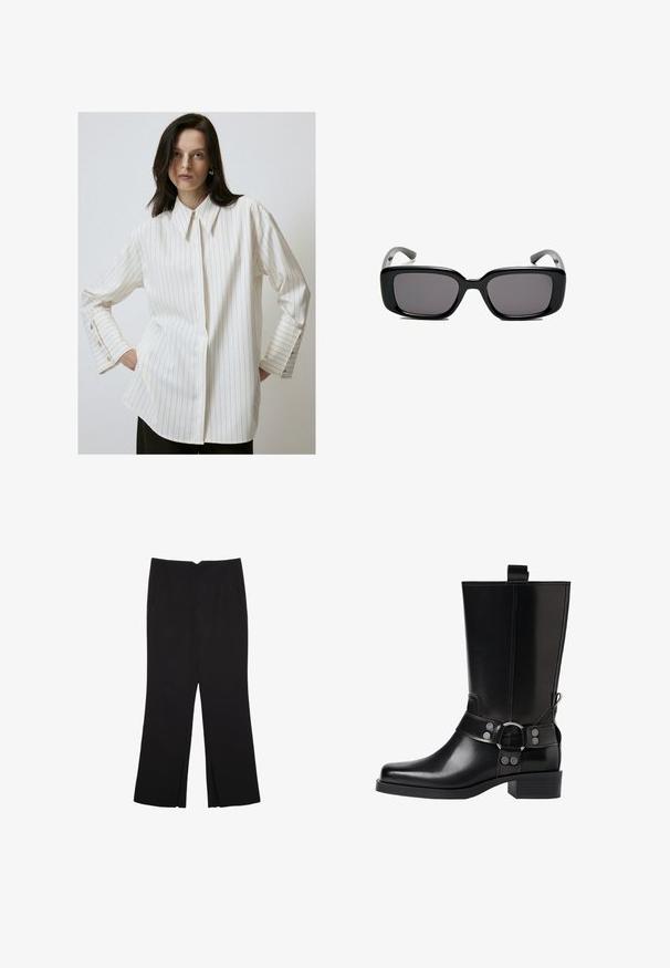 White striped shirt made of smooth fabric, featuring a classic collar and buttoned cuffs with gold accents. Loose fit with a straight hem.; Black trousers with a straight fit, featuring front pockets and side slits at the hem. Made of soft, smooth fabric. Suitable for various occasions.; Black leather knee-high boot with a pointed toe, silver buckle accents, and a chunky heel. Features a pull tab for easy wear.; Black rectangular sunglasses with dark lenses, smooth plastic frame, and curved temples. The design is chunky with a minimalist aesthetic.