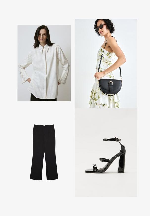 Hvidstribet skjorte lavet af glat stof, med klassisk krave og knapmanchetter med guld accenter. Løs pasform med lige kant.; Sorte bukser med lige pasform, der har frontlommer og slidser i kanten. Lavet af blødt, glat stof. Velegnet til forskellige anledninger.; Sorte patenterede hælsandaler med firkantet tå, ankelremme og sølvspænder. Har en chunky blokHæl for stabilitet.; Sort læderhåndtaske med en buet form, aftagelig rem og guldfinish. Tasken har en klap med en spænde detalje.