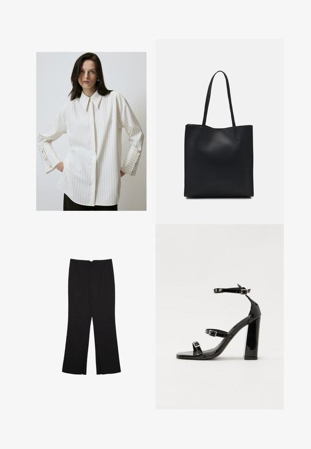 Bíle pruhovaná košile vyrobená z hladké tkaniny, s klasickým límečkem a knoflíkovými manžetami se zlatými akcenty. Volný střih s rovnými lemy.; Černé kalhoty s rovným střihem, s předními kapsami a bočními rozparky na lemu. Vyrobené z jemné, hladké tkaniny. Vhodné na různé příležitosti.; Černé lakované sandály na podpatku se čtveratou špičkou, lýtkovými pásky a stříbrnými přezkami. Disponují masivním blokovým podpatkem pro stabilitu.; Černá kožená taška přes rameno s hladkým povrchem, obdélníkovým tvarem a dvěma dlouhými uchy. Žádné viditelné kování ani ozdoby.