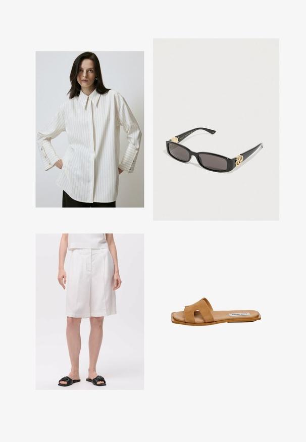 Wit gestreept shirt van gladde stof, met een klassieke kraag en knoopmanchetten met gouden accenten. Losse pasvorm met een rechte zoom.; Witte linnen shorts met een getailleerde pasvorm, voorzien van een nette tailleband en voorplooien, gecombineerd met zwarte geknoopte slides.; Tan suède schuif sandaal met twee brede banden met uitsparingen, platte zool en een subtiel logo op de binnenzool.; Zwarte zonnebril met rechthoekige glazen, goudkleurige metalen details en glanzende monturen. Voorzien van zilveren branding op de pootjes.