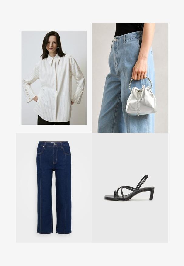 White striped shirt made of smooth fabric, featuring a classic collar and buttoned cuffs with gold accents. Loose fit with a straight hem.; Dark blue straight-leg jeans with button closure, front and back pockets, and visible orange stitching along seams.; Black strappy sandal with a square toe and a low block heel. Features multiple thin straps and an adjustable ankle strap. Made of smooth leather.; Metallic silver bucket bag with a textured finish, adorned with a silver round handle and drawstring closure, held against light blue jeans.