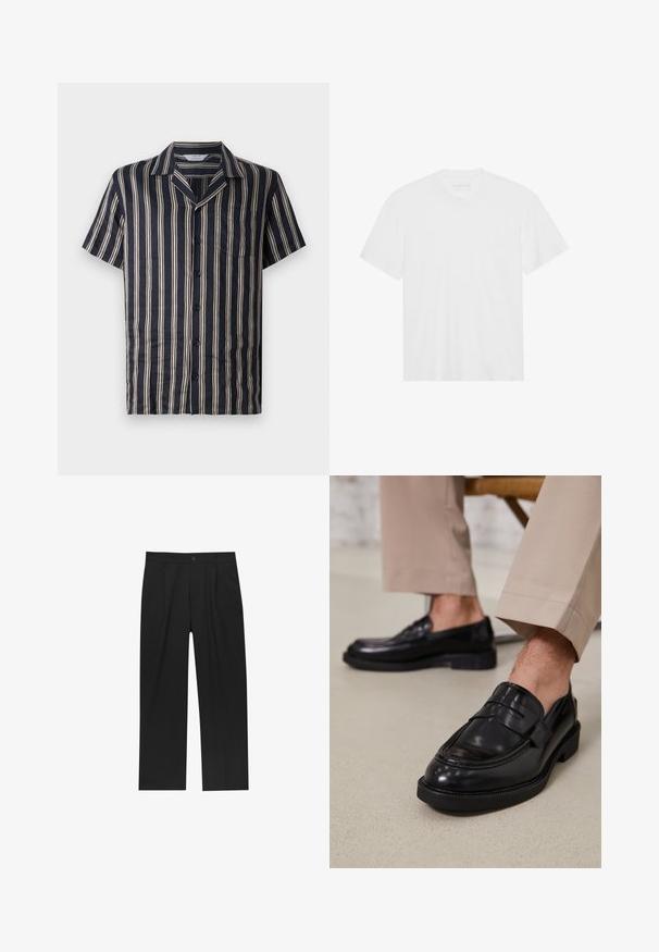 Marinblå kortärmad skjorta med vertikala krämfärgade ränder, notch-krage, framficka och knäppning, tillverkad av lätt och mjukt tyg.; Vit bomull t-shirt med kort ärm, rundad halsringning och rak nederdel. Slät textur, minimalistisk design utan mönster eller detaljer.; Svarta byxor med rak ben-design, tillverkade av ett jämnt tyg. Har framfickor och en enkel knapplåsning i midjan.; Svarta läder loafers med en slät finish, prydda med en dekorativ rem och kontrastsöm, tillsammans med beiga byxor.