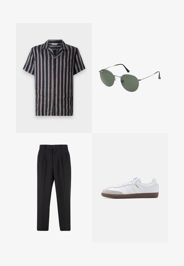 Tengeri rövidujjú ing függőleges krémcsíkokkal, kivágott gallérral, elülső zsebbel és gombos záródással, könnyű, puha anyagból készült.; Fehér pamut póló rövid ujjakkal, kerek nyakkivágással és laza szabással. Simább textúra, látható minták vagy kiegészítők nélkül.; Fekete nadrág, pliszézett elejű dizájnnal, sima anyagból készült. Gombos záródás és övhurkok jellemzik; egyenes szabású.; Fehér bőr sportcipő szürke velúr orral, három vízszintes fehér csíkkal, kék akcentussal és barna gumitalppal. A talpon textúrázott részlet található.; Fémkeretes napszemüveg ovális zöld lencsékkel. Vékony ezüst színű fémkeret és fekete fülrész. Minimalista dizájn, látható logók nélkül.