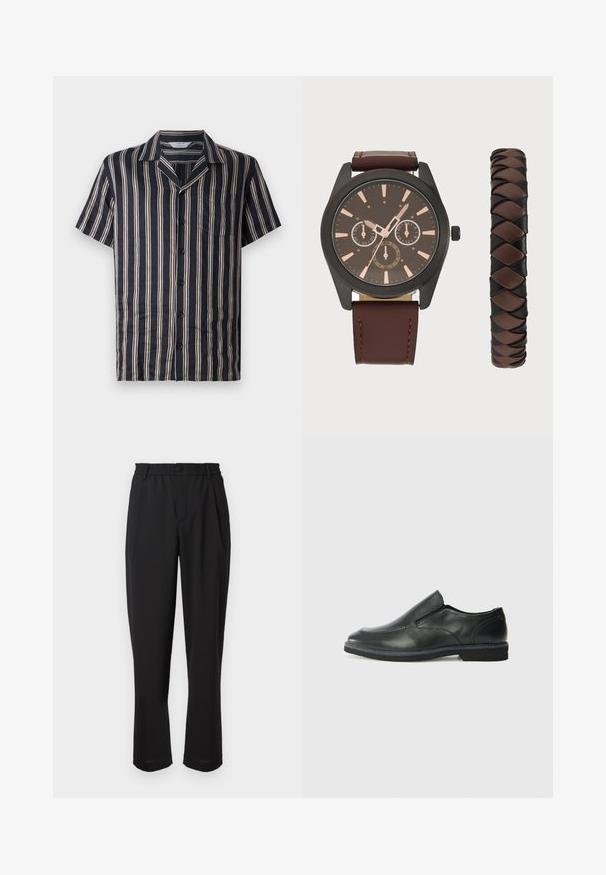 Mornarska košulja kratkih rukava s vertikalnim krem trakama, s izrezanom kragnom, prednjim džepom i kopčanjem na gumbe, izrađena od lagane, meke tkanine.; Crne hlače s elastičnim pojasom, kopčom na dugme i ravnim krojem. Glatka tkanina, bez vidljivih uzoraka ili akcenta.; Crne kožne cipele na sklapanje s glatkom gornjom površinom, prošivenim detaljima, zaobljenim vrhom i niskim gumene potplate. Potplat ima minimalne uzorke.; Pier One SET - Ručni sat - black/brown