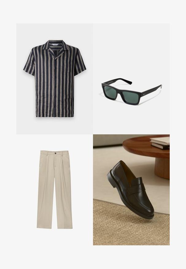 Cămașă marină cu mânecă scurtă, cu dungi verticale crem, guler cu tăietură, buzunar frontal și închidere cu buton, confecționată dintr-un material ușor și moale.; Pantaloni bej cu croi drept, dotati cu un singur nasture negru, bucle pentru centură și buzunare laterale. Textură de țesătură netedă și design minimal.; Mocasin din piele neagră cu o finisare netedă, vârf rotund și o baretă decorativă pe partea superioară. Toc mic din cauciuc, așezat pe o suprafață texturată.; Ochelari de soare dreptunghiulari negri cu lentile verzi, având un finisaj mat, temple drepte și logo-ul Ray-Ban pe lateral.