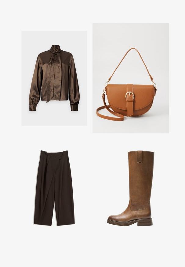 Smeđa satenasta bluzica s visokim izrezom i detaljem mašnice, dugih rukava i kopčanjem na dugmad, glatke teksture i elegantnog drapiranja.; Tamno smeđe široke hlače s visokim strukom, s jednim dugmadi na zakopčavanju i pregibom sprijeda. Izrađene od laganog materijala.; Smeđe kožne čizme do koljena s zaobljenim nosom, teksturiranom površinom i niskim debljim potplatom. Imaju bočni panel i povlačnu traku na vrhu.; Smeđa kožna torba preko tijela s zakrivljenim oblikom, zlatnim metalnim detaljima i naglaskom na kopču. Ima odvojivu naramenicu.
