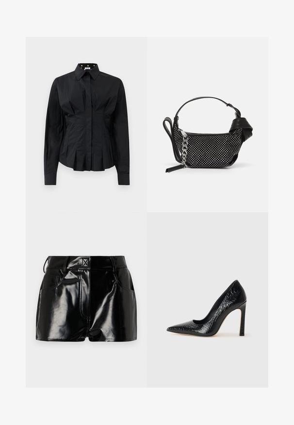 Schwarzes, langärmliges, eng anliegendes Hemd mit strukturierten Falten unterhalb der Taille und einem Kragen, der mit goldenen Punkten auf schwarzem Stoff gefüttert ist.; Schwarze, glänzende Shorts aus synthetischem Material. Mit einem taillierten Bund, Gürtelschlaufen und vorderen Taschen mit auffälligen Nähdetails.; Schwarzer, spitz zulaufender High Heel mit Krokodilleder-Struktur, elegantem Design, hohem Stiletto-Absatz und glattem schwarzen Innenraum.; Schwarze Handtasche mit texturiertem Design, verziert mit silbernen Nieten und einem klobigen silbernen Kettenriemen. Besitzt eine elegante, minimalistische Form.