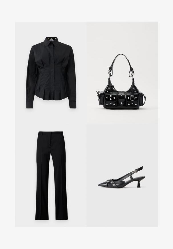 Zwarte fitted lange mouwen shirt met gestructureerde plooien onder de taille en een kraag gevoerd met gouden stippen op zwarte stof.; Zwarte rechte broek van gladde stof, met een platte voorkant, riemlussen en zonder zichtbare zakken of versieringen.; Zwarte leren slingback schoen met een puntige neus, decoratieve banden met metalen oogjes en een lage blokhak. Textuur oppervlak.; Zwarte lederen handtas met een gebogen ontwerp, voorzien van zilveren studs, een gesp en twee zijvakken. Verstelbare schouderband voor verschillende draagmogelijkheden.