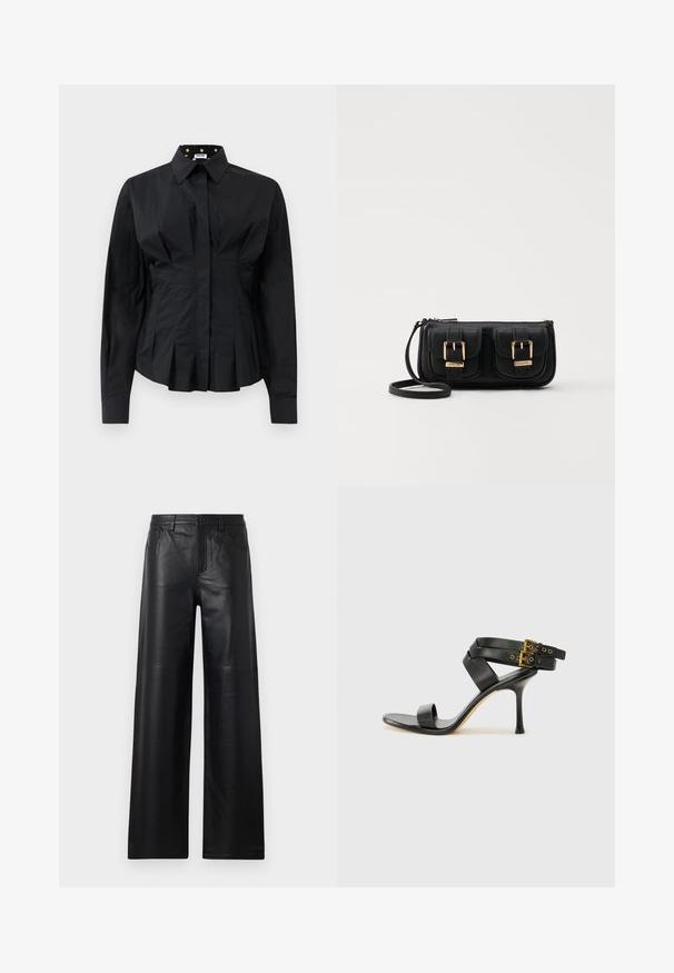 Cămașă neagră din bumbac cu mâneci lungi, ajustată, cu pliere structurată sub talie și un guler căptușit cu buline aurii pe un fond negru.; Pantaloni din piele neagră cu picioare largi, având o textură netedă, cu buzunare frontale, sistem de închidere cu buton și detalii de cusătură subtile.; Sandalie negre cu toc, cu curele încrucișate și cataramă ajustabilă. Prezintă o textură netedă și un toc stiletto conic.; Geantă neagră din piele, tip crossbody, cu două buzunare frontale, catarame aurii, închidere cu fermoar și o curea subțire. Suprafață texturată și formă rectangulară compactă.