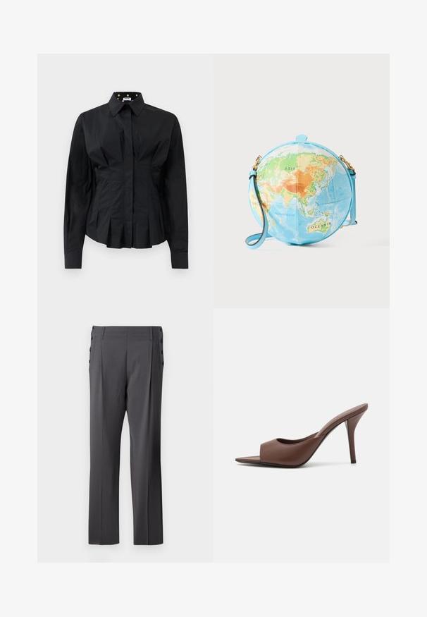 Black long-sleeve fitted shirt with structured pleats below the waist and a collar lined with gold polka dots on black fabric.; Gray tailored pants featuring a straight leg design, front pleats, and decorative side buttons for added detail. Smooth fabric texture.; Brown leather open-toe high-heeled mules with a sleek design, featuring a wide front strap and a slender stiletto heel.; Round crossbody bag resembling a globe, featuring a light blue base with detailed map in green, orange, and blue tones; gold hardware accents.