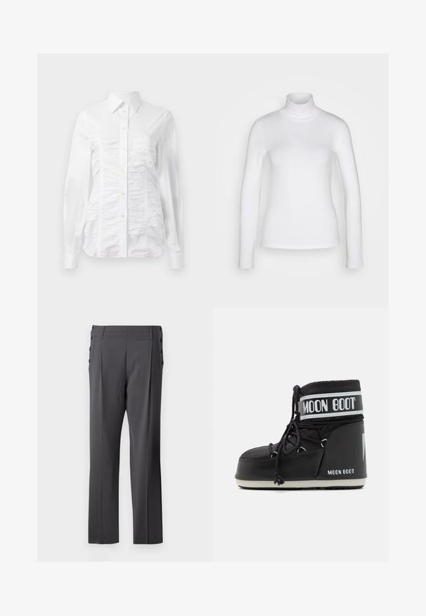 Balta marškininė su ilgomis rankovėmis, su raukšlėta tekstūra priekyje, mažais auksiniais mygtukais ir standartiniu apykakle.; Balta ilgomis rankovėmis turtleneck marškinėliai, pagaminti iš lygaus, tamprių audinių. Turi aptemptą siluetą ir aukštą apykaklę. Nėra matomų raštų ar akcentų.; Pilki pritaikyti kelnės su tiesiomis kojomis, priekiniais raukiniais ir dekoratyviais šoninėmis sagutėmis, suteikiančiomis papildomą detalumą. Sklandus audinio tekstūros.; Juodas mėnulio botas su paminkštintu viršumi, užsegamas raišteliais ir išskirtine balta juosta su logotipu. Storas, tekstūruotas guminis padas.