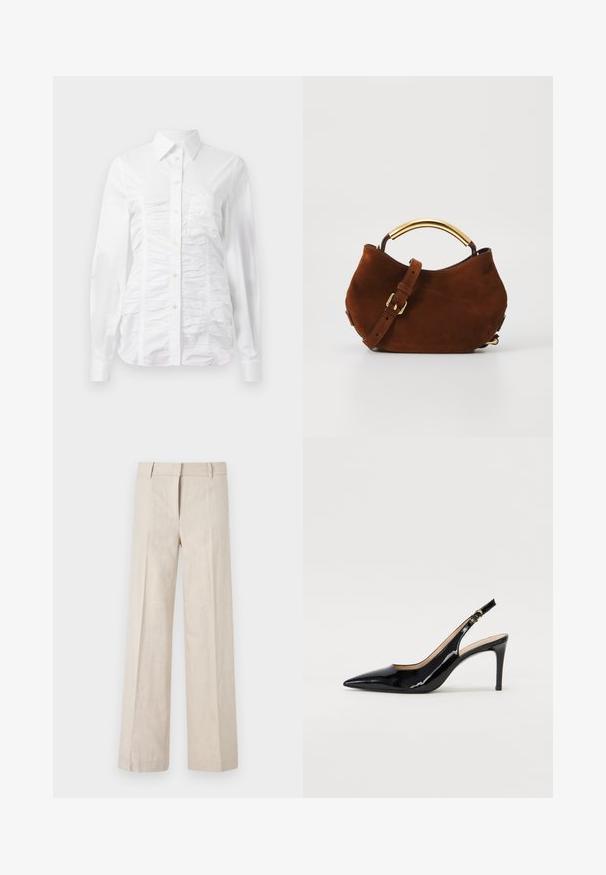 White button-up shirt with long sleeves, featuring a ruched texture across the front, small golden buttons, and a standard collar.; Beige wide-leg trousers in lightweight fabric, featuring a smooth texture and clean front pleats. The waistband is tailored with belt loops.; Black patent leather slingback pump with pointed toe, slim heel, and a subtle cutout design. Features a gold buckle on the strap.; Brown suede handbag with a curved gold-tone handle, adjustable strap, and soft texture. Features minimalistic design and no visible hardware.