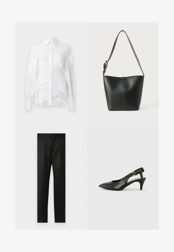 White button-up shirt with long sleeves, featuring a ruched texture across the front, small golden buttons, and a standard collar.; Black trousers featuring a smooth fabric, tailored design, straight legs, and a flat waistband with no visible closures or pockets.; Black leather slingback pump with a pointed toe, small heel, and a buckle detail on the ankle strap. Smooth texture, minimalist design.; Black leather shoulder bag with a smooth texture, curved shape, and a single adjustable strap featuring gold hardware and a branded accent.
