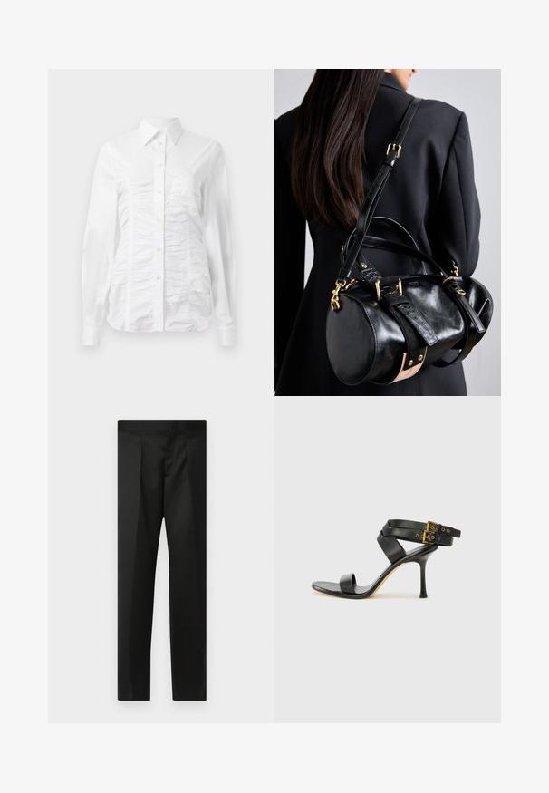 Bílá košile na knoflíky s dlouhými rukávy, s řasenou strukturou na přední straně, malými zlatými knoflíky a standardním límcem.; Černé kalhoty s hladkým materiálem, přizpůsobeným střihem, rovnými nohavicemi a plochým pasem bez viditelných zapínání či kapes.; Černé sandály na podpatku s kříženými popruhy a nastavitelnou sponou. Mají hladký povrch a špičatý stiletto podpatek.; Černá kožená kabelka zaobleného tvaru, s pozlacenými kovovými prvky a nastavitelnými popruhy. Akcenty texturované černé kůže a béžové detaily.