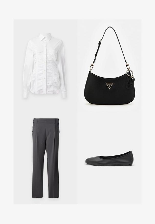 Valge nööpidega särk pikade varrukatega, millel on kortsus tekstuur ees, väiksed kuldsed nööbid ja standardne krae.; Hallitus räbalad sirge sääre kujundusega, ees voldid ja dekoratiivsed külg-nööbid lisaks detailiks. Sile kangastekstuuri.; Musthave mustika tantsutossud mustast nahast, ümmarguse varbaga, siledast tekstuurist, minimaalse õmblusdetailiga ja paindliku tallakujundusega.; Must zwart sünteetilisest materjalist õlakotil on kaarjas siluett, struktureeritud viimistlus, kultne kolmnurga logo ja eemaldatavad metallaktsendid.