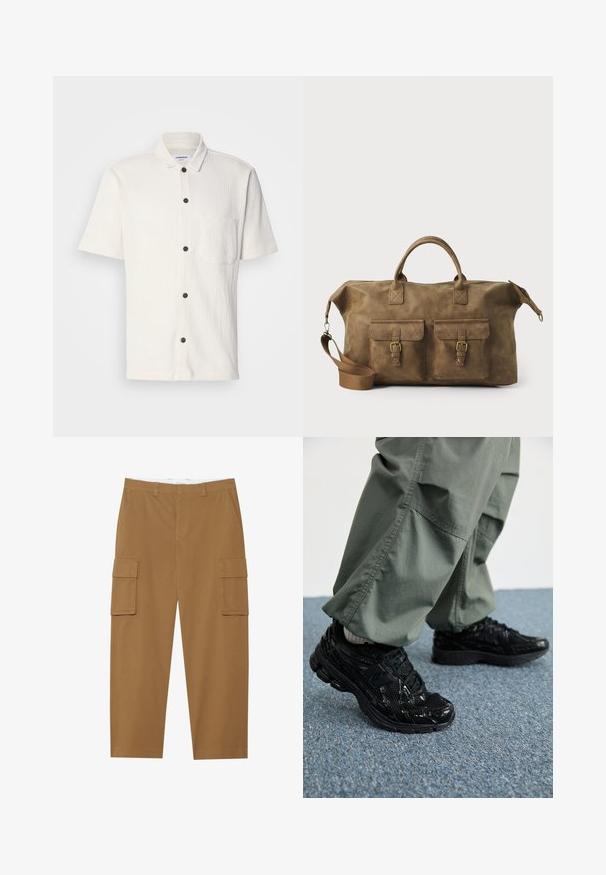 White short-sleeve shirt with a textured design, front buttons in dark brown, and a single chest pocket.; Brown cargo pants with two side pockets, a flat front, and a straight leg cut. Made from a durable fabric with a smooth texture.; Black athletic sneakers with glossy and mesh textures, featuring a thick sole and laces, paired with loose olive-green cargo pants.; Brown leather duffel bag with two front pockets, adjustable shoulder strap, gold hardware, and sturdy top handles. Smooth texture.