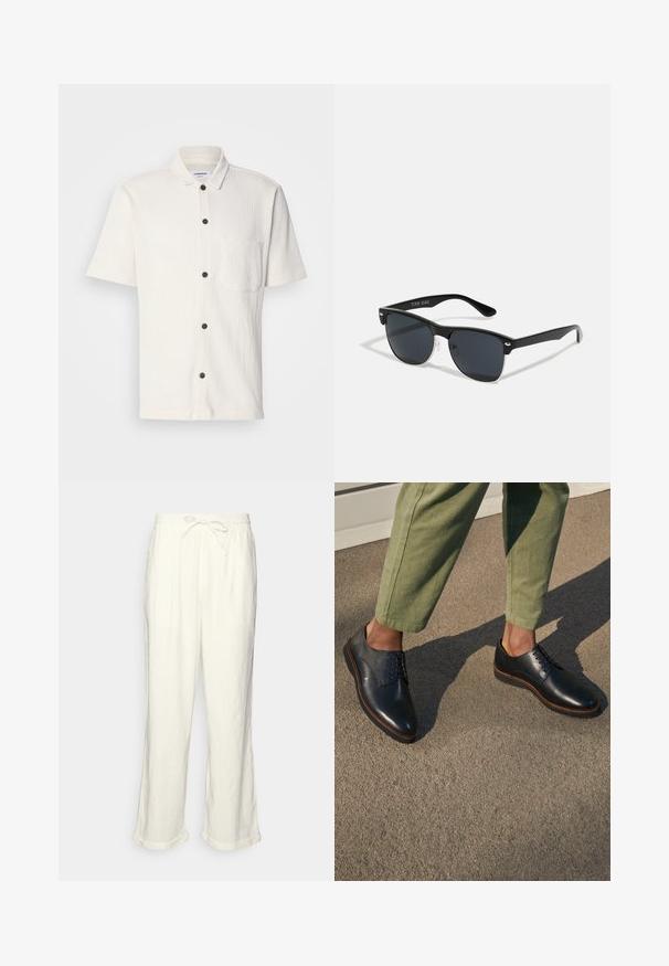 Balta trumpų rankovių marškiniai su tekstūruotu dizainu, priekiniai tamsiai rudi mygtukai ir viena krūtinės kišenė.; Neryškios baltos lino kelnės su raišteliu liemens srityje, šiek tiek plačiomis kojomis ir sukniustais mankštiniais kraštais, suteikiančiais laisvą prigludimą. Be kišenių.; Juodos odinės suknelės bateliai su smailiu pirštu, su raištelių dizainu ir šviesiai rudos spalvos siūlėmis, derinami su alyvuogių spalvos kelnėmis.; Juodos saulės akinių su stačiakampiu rėmeliu, tamsiais lęšiais, sidabrinėmis detalėmis šventrajose ir matinio paviršiaus rėmeliu.