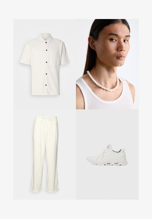 Camisa branca de manga curta com um design texturizado, botões frontais em castanho escuro e um único bolso no peito.; Calças de linho em off-white com um cós elástico, pernas ligeiramente largas e acabamentos dobrados para um ajuste descontraído. Sem bolsos.; Ténis atléticos brancos com um superior em malha texturizada, atacadores planos e uma sola acolchoada com câmaras de ar visíveis para maior suporte.; Colar de conchas brancas composto por formas irregulares, usado sobre uma camisola justa branca. Textura suave com um brilho subtil, design justo.
