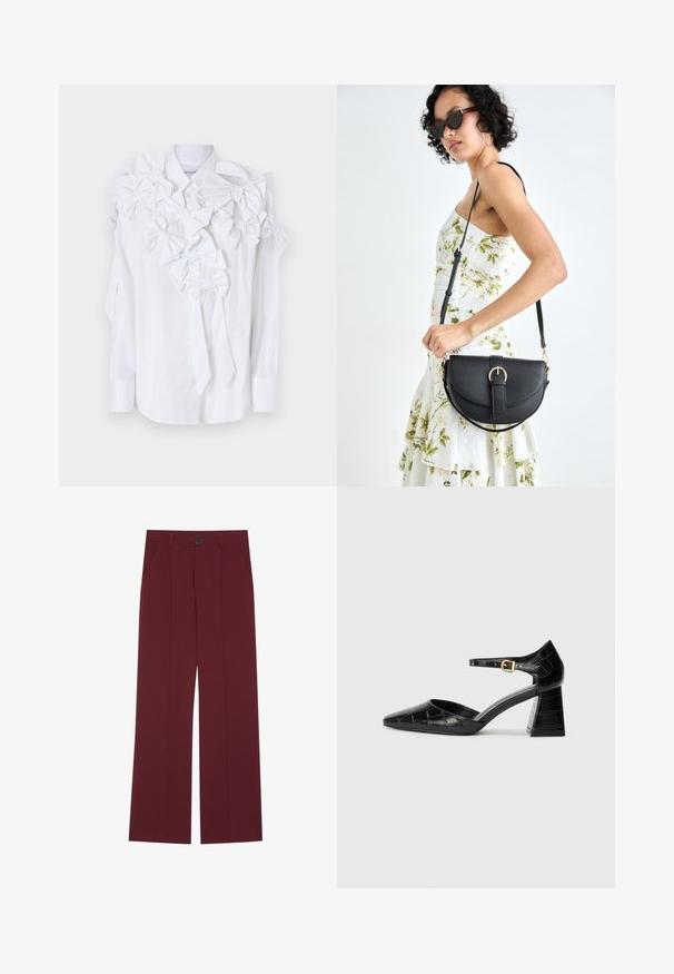 Viktor&Rolf BOW BOUQUET SHIRT - Košilová halenka - white; Burgundské kalhoty s širokým střihem, s knoflíkovým zapínáním, dvěma bočními kapsami a sklady na přední části. Hladká struktura látky.; Černá laková kožená lodička na vysokém podpatku s špičatou špičkou, kotníkovým páskem a texturovaným krokodýlím vzorem. Design čtvercového bloku podpatku.; Černá kožená kabelka s křivkovým tvarem, odnímatelným popruhem a zlatými detaily. Kabelka má klopu s přezkou.