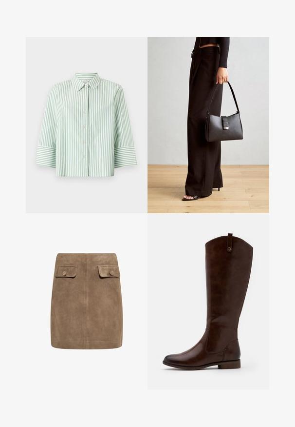 Light green and white striped shirt with a collared neckline, button-front closure, and three-quarter sleeves featuring striped cuffs.; Brown suede mini skirt with a smooth texture, featuring two front flap pockets and button closures on each side. Simple, straight design.; Brown knee-high boots made of smooth leather, featuring a rounded toe, low stacked heel, and a subtle stitching pattern along the sides.; Black handbag with structured shape, smooth texture, and a metallic clasp. Paired with wide black pants and open-toe sandals on wooden floor.