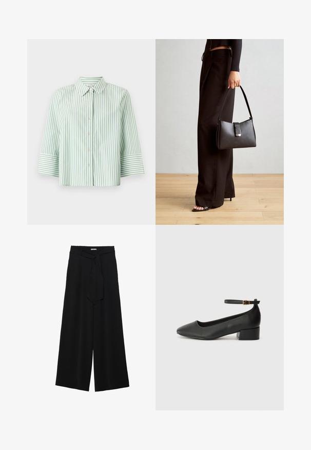 Ljusgrön och vit randig skjorta med krage, knapplist framtill och trekvartsärmar med randiga manschetter.; Svarta vida byxor med texturerad tyg, elastisk midja och en avtagbar käppknut i midjan för justerbar passform.; Svart läderpump med spetsig tå och en låg klack. Har en ankelsnodd med en guldtonad spänne. Slät textur.; Svart handväska med strukturerad form, slät yta och metallspänne. Matchad med vida svarta byxor och sandaler med öppen tå på trägolv.