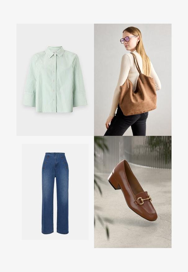 Camicia a righe verde chiaro e bianco con colletto, chiusura con bottoni frontale e maniche a tre quarti con polsini a righe.; Jeans in denim a vita alta di un blu medio. Presentano dettagli con bottoni frontali e un design a gamba ampia. Il tessuto ha una texture liscia con un leggero sbiadimento.; Mocassino in pelle verniciata marrone con punta quadrata, accentato da catena metallica e tacco basso; texture liscia, design minimalista.; Borsa a tracolla in suede marrone con texture morbida, ampia apertura e lunghe cinghie. Caratterizzata da un design semplice con cuciture visibili e senza accessori.