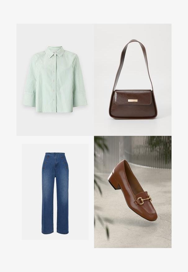 Hellgrünes und weiß gestreiftes Hemd mit Kragen, Knopfleiste und Dreiviertelärmeln mit gestreiften Manschetten.; Hochgeschnittene Jeans aus Denim in mittlerem Blau. Besitzt auffällige Knopfdetails vorne und einen weit geschnittenen Stil. Der Stoff hat eine glatte Textur mit leichten Ausbleichungen.; Braune Lackleder-Loafer mit quadratischer Zehenpartie, metallischem Kettenakzent und niedrigem Blockabsatz; glatte Textur, minimalistisches Design.; Braune Lederschultertasche mit strukturierter Form, ausgestattet mit einem magnetischen Klappenverschluss und einem metallischen Logoakzent auf der Vorderseite.