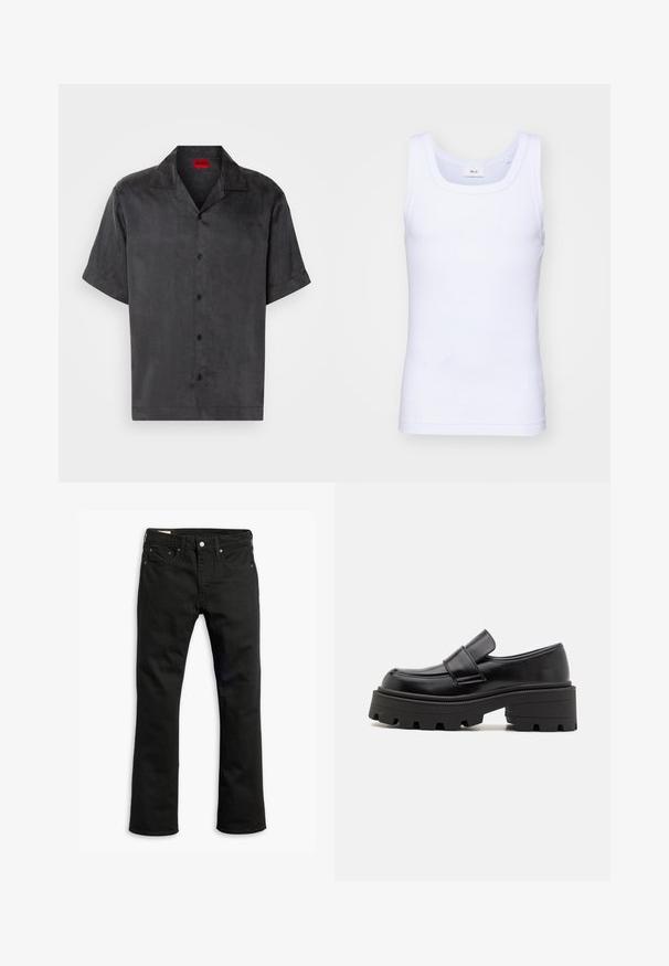 Camicia a maniche corte con colletto in tessuto grigio scuro dal tatto morbido; presenta cinque bottoni neri e un'etichetta rossa del marchio al colletto.; Canottiera bianca in cotone senza maniche con scollatura rotonda, caratterizzata da una texture liscia e una vestibilità aderente, progettata per l'abbigliamento casual.; Jeans in denim nero con design a gamba dritta, cinque tasche, chiusura con bottone metallico e dettagli di cucitura sottili. Tessuto liscio e colore solido.; Mocassini in pelle nera con suola in gomma spessa, dotati di una piattaforma sollevata e di una fascia sul dorso del piede. Texture liscia e forma arrotondata.