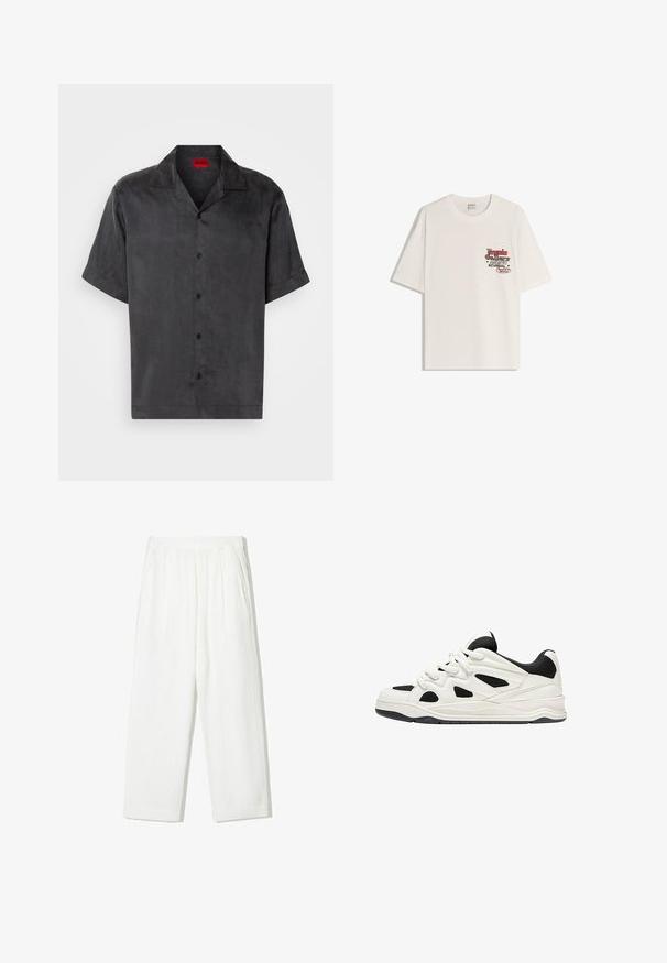 Camicia a maniche corte con colletto in tessuto grigio scuro dal tatto morbido; presenta cinque bottoni neri e un'etichetta rossa del marchio al colletto.; T-shirt in cotone bianco a maniche corte, con scollatura rotonda. Presenta una grafica stampata in rosso e nero nella zona sinistra del petto.; Pantaloni bianchi a gamba larga realizzati in tessuto testurizzato. Presentano una vita elastica e due tasche laterali. Design casual e vestibilità ampia.; Scarpe da ginnastica bianche e nere con suola testurizzata, caratterizzate da intagli sui lati e lacci, e una schiena imbottita per il supporto.