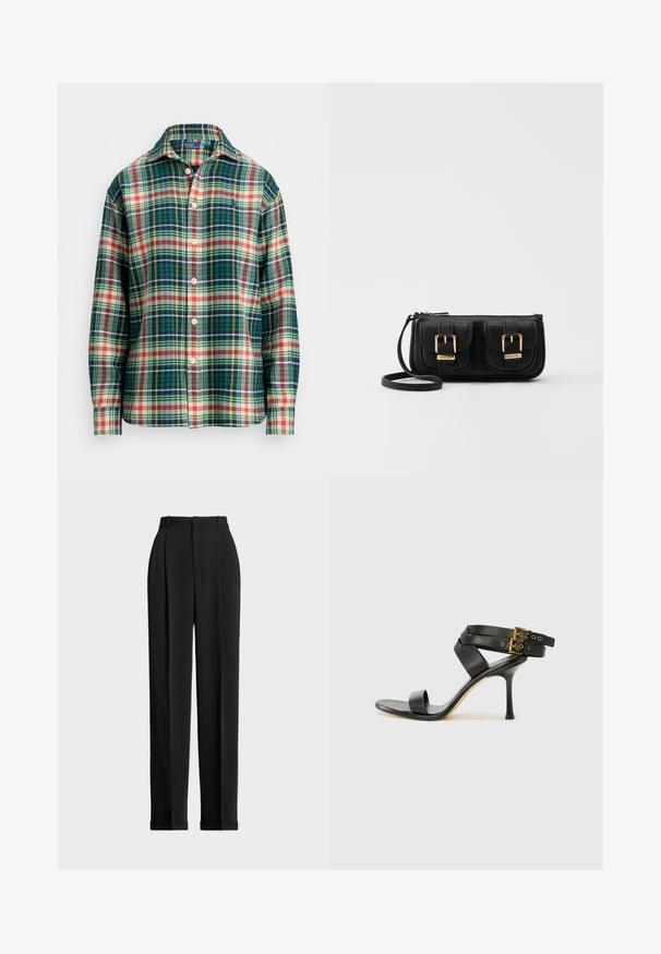 Long-sleeve button-up shirt with green, navy, white, orange, and yellow plaid pattern, spread collar, and small embroidered logo on chest.; Black tailored trousers with a high waist, featuring pleats at the front, a straight leg design, and a cuffed hem. Made from smooth fabric.; Black heeled sandal with crossed straps and adjustable buckle. Features a smooth texture and tapered stiletto heel.; Black leather crossbody bag with two front pockets, gold buckles, zipper closure, and a slim strap. Textured surface and compact rectangular shape.