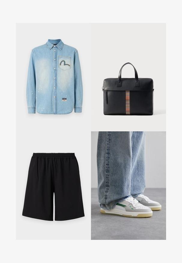 Camicia di jeans azzurro chiaro con maniche lunghe, chiusura a bottoni, dettagli strappati e un design arcobaleno ricamato sul taschino sinistro.; Pantaloni sportivi neri realizzati in tessuto leggero. Presentano una vita elastica e un design ampio senza tasche.; Sneakers bianchi e grigi con accenti verdi, dotati di una tomaia in rete e suola in gomma, abbinati a jeans in denim blu con orli sfilacciati.; Paul Smith BAG FOLIO UNISEX - Ventiquattrore - black