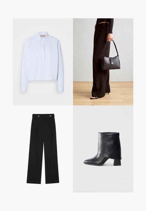 Light blue button-up shirt with a collared neckline, long sleeves, and vertical stitching accents down the front. Smooth fabric texture.; Black wide-leg trousers with high waist, button details on waistband, and front pleats.; Black leather ankle boot with a pointed toe, smooth texture, and a structured block heel. Features a high, folded cuff design.; Black handbag with structured shape, smooth texture, and a metallic clasp. Paired with wide black pants and open-toe sandals on wooden floor.