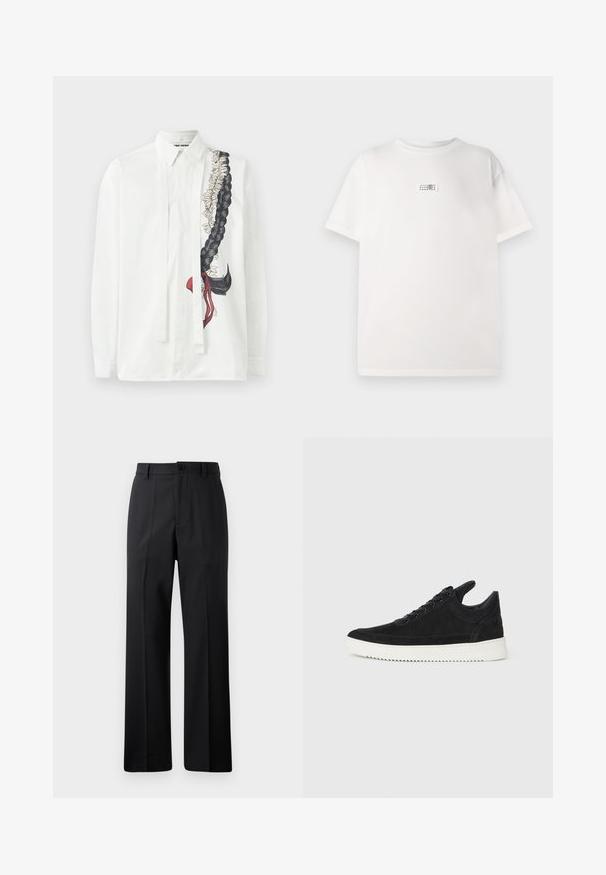 Hvit langermet skjorte med et svart flette- og blomsterdesign i dempede farger, med tynne bånd langs fronten.; Hvit bomulls T-skjorte med en liten trykt etikett i midten. Korte ermer og en avslappet passform med en glatt tekstur.; Svarte rette bukser med beltestropper, frontknapp og glidelås, vist mot en enkel hvit bakgrunn.; Sorte semskede sneakers med hvit gummisåle, med tonale sømmer og snøring. Glatt tekstur med en moderne, strømlinjeformet form.