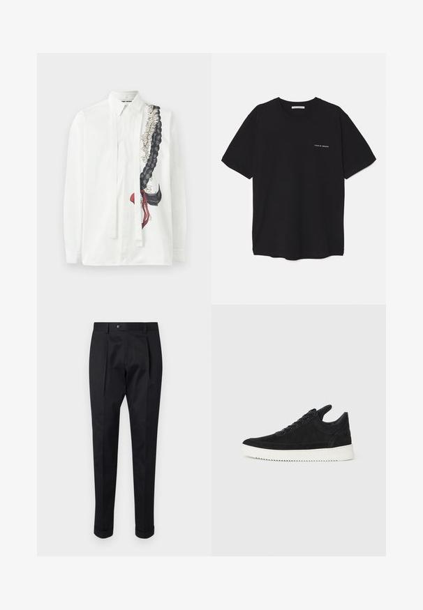 Bela srajca z dolgimi rokavi, ki ima črno pletenico in cvetlični vzorec v zatemnjenih tonih, z ozkimi trakovи ob sprednjem zapenjanju.; Črna bombažna majica s kratkimi rokavi in okroglim ovratnikom, z belim logotipom natisnjenim na levi prsni strani. Preprost, enobarven dizajn.; Črne hlače iz gladkega materiala, z zavihkom spredaj, gumbom za zapiranje in zvitim robom ob gležnjih.; Črne semiš športne copate z belo gumijasto podplatom, ki imajo toneče šive in vezalni dizajn. Gladka tekstura z modernim, poenoteno oblikovano silhueto.