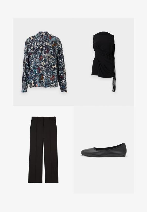 Silkkipaita, jossa on korkea kaulus, tummansininen pohja ja monivärisiä perhospainatuksia sekä abstrakteja kuvioita ympäriinsä. Pitkät hihat.; Musta hihaton paita, jossa on roikkuvaa kangasta, sivusaumojen kerääntyminen ja pitkät fringed yksityiskohdat. Paita on sileä ja istuu tiukasti.; Mustat räätälöidyt housut, jotka on valmistettu sileästä kankaasta. Housuissa on suora lahje ja kaksi sivutaskua. Elegantti ja minimalistinen rakenne.; Musta nahkainen ballerina, jossa on pyöristetty kärki, sileä pinta, minimaalinen ommelkoristelu ja joustava pohjamuotoilu.