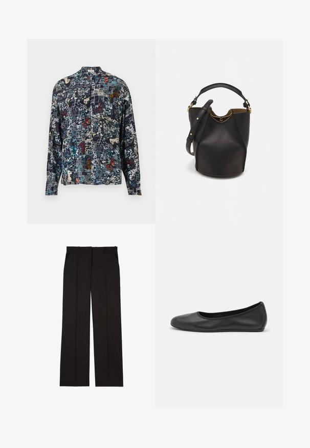 Silk skjorte med høj krave, der har en mørkeblå bund og farverige sommerfugle- og abstrakte mønstre over det hele. Lange ærmer.; Sorte skræddersyede bukser lavet af et glat stof, med et lige ben-design og to sidelommer. Elegant og minimalistisk konstruktion.; Sort læderballetsko med rund tå, glat tekstur, minimal syning og et fleksibelt såldesign.; Sort læder bucket taske med en struktureret overflade, guld hardware detaljer og en åben top. Har et kort håndtag og justerbar skulderrem.