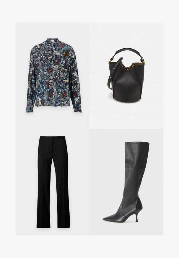 Seidenhemd mit hochgeschlossenem Kragen, mit einem dunkelblauen Grundton und bunten Schmetterlingen sowie abstrakten Mustern. Lange Ärmel.; Schwarze gerade geschnittene Hosen aus glattem Stoff, mit flachem Bund, Gürtelschlaufen und ohne sichtbare Taschen oder Verzierungen.; Knöchelhoche schwarze Lederstiefel mit einer spitzen Zehe und einem schlanken Stiletto-Blockabsatz. Glatte Textur mit einer enganliegenden Passform und Nähten am oberen Rand.; Schwarze Leder-Eimerhandtasche mit strukturierter Oberfläche, goldenen Hardware-Akzenten und offenem Design. Verfügt über einen kurzen Griff und einen verstellbaren Schultergurt.
