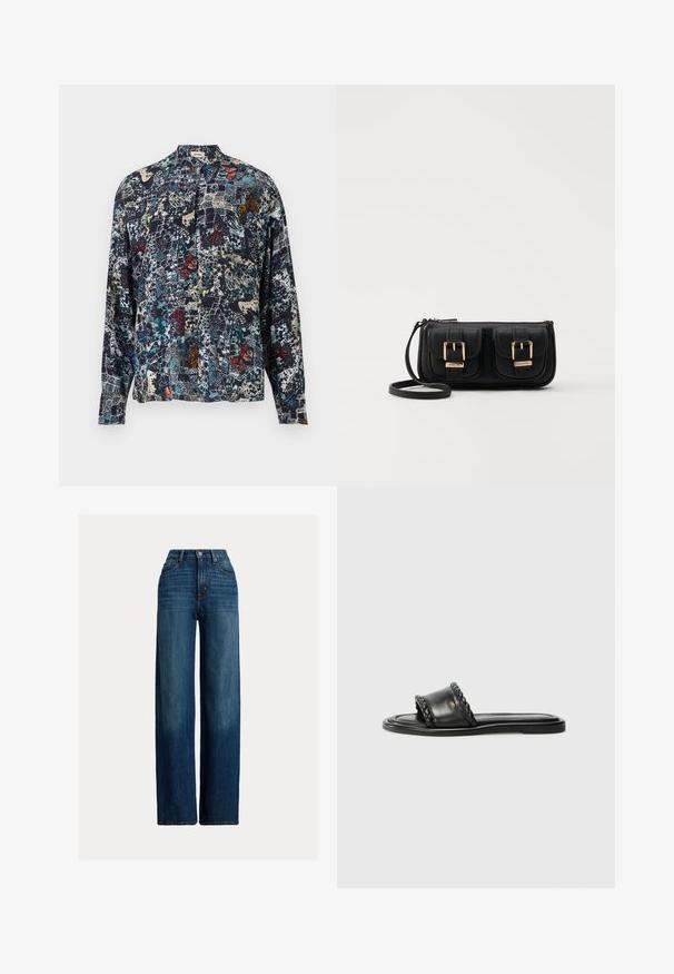 Zīda krekls ar augstu apkakli, kuram ir tumši zilas krāsas pamats un daudzkrāsaini tauriņu un abstrakti raksti visā kreklā. Garas piedurknes.; Tumši zilie plaša kāju džinsi. Ar augstu jostasvietu, pogu aizdari un klasisko piecu kabatu dizainu. Gluda tekstūra ar smalku izbalēšanu.; Melnas ādas sandalītes ar austiem siksnu elementiem, plakana zole un elegants dizains. Gluda tekstūra un minimālistisks profils.; Melnas ādas crossbody soma ar divām priekšējām kabatām, zelta sprādzēm, ar rāvējslēdzēju aizdari un šauru siksnu. Strukturēta virsma un kompakta taisnstūra forma.