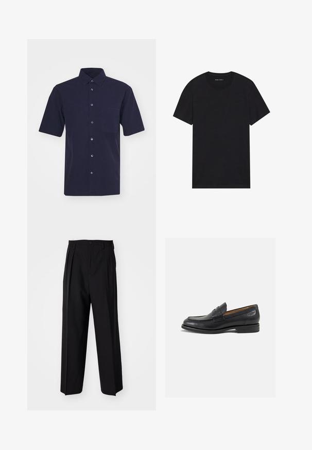 Dunkelblaues Kurzarmhemd aus einem glatten Stoff. Verfügt über einen klassischen Kragen, eine Knopfleiste und eine Brusttasche.; Schwarzes Baumwoll-T-Shirt mit kurzen Ärmeln und rundem Ausschnitt. Der Stoff hat eine glatte Textur und ein einfaches, schlichtes Design.; Schwarze, plissierte Hose mit geradem, weitem Bein. Hergestellt aus glattem Stoff, mit Knopfverschluss und Gürtelschlaufen.; Schwarze Leder Slipper mit glatter Oberfläche, runder Spitze und dekorativer Naht auf dem Vorderblatt. Niedriger Blockabsatz und leichter Glanz.