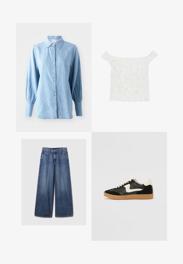 Light blue denim shirt with a collared neck, button-down front, and long puffed sleeves. Features subtle texture and matching buttons.; White off-the-shoulder top with ruffled accents, gathered texture, and an elasticized waistband. Made from soft cotton fabric.; Wide-leg blue denim jeans with a faded finish, featuring a button and zipper closure, five pockets, and belt loops.; Black suede and leather sneaker with a cream side swoosh and light cream heel. Features beige laces and a gum rubber outsole.