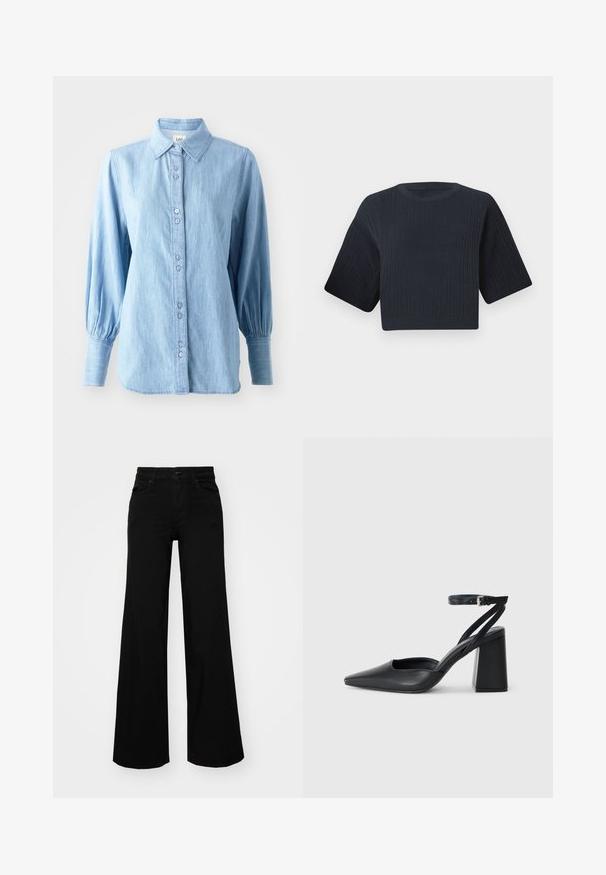 Svetlo modra jeans srajca s ovratnikom, sprednjim gumbom in dolgimi napihnjenimi rokavi. Ima subtilno teksturo in ujemajoče gumbe.; Temno modri skrajšani pleteni pulover z rebrasto teksturo, kratkimi širokimi rokavi in okroglim izrezom. Preprost dizajn, brez vidnih vzorcev ali poudarkov.; Črne široke denim hlače s strukturiranim pasom, z zankami za pas in sprednjimi žepi. Gladka tekstura s klasičnim dizajnom.; Črne usnjene klasične čevlje z ostrim nosom, z zaponko za gleženj in debelim peto. Ravna tekstura, eleganten dizajn in minimalistična estetika.