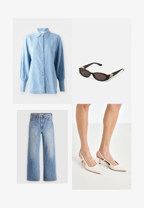 Camicia in denim azzurro chiaro con colletto, chiusura con bottoni davanti e maniche lunghe a sbuffo. Presenta una texture sottile e bottoni abbinati.; Jeans in denim blu chiaro a gamba larga con vita alta, aree sbiadite, cinque tasche e cuciture a contrasto. Classico bottone e chiusura con zip.; Tacchi slingback in pelle lucida beige con punta affusolata e tacco di 5 cm, caratterizzati da lati traforati e una sottile fascia alla caviglia.; Occhiali da sole tartarugati con lenti ovali allungate, tonalità marrone, accenti dorati con logo sulle tempie e aste nere eleganti.