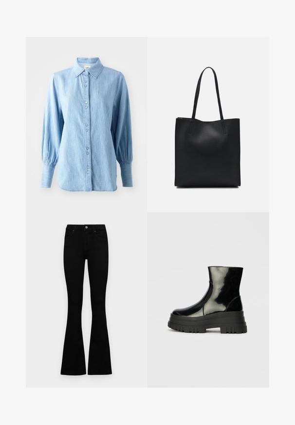 Camisa de ganga azul clara com gola, fecho com botões na frente e mangas longas bufantes. Apresenta uma textura subtil e botões coordenados.; Jeans pretos de cintura alta com fecho de botão e zíper, bolsos frontais e pernas largas dispostos em cima de um fundo branco.; Bota de tornozelo preta e brilhante com sola grossa e arredondada, vista lateral sobre fundo cinza claro.; Bolsa tote preta em couro com textura lisa, forma retangular e duas alças longas. Sem hardware ou enfeites visíveis.