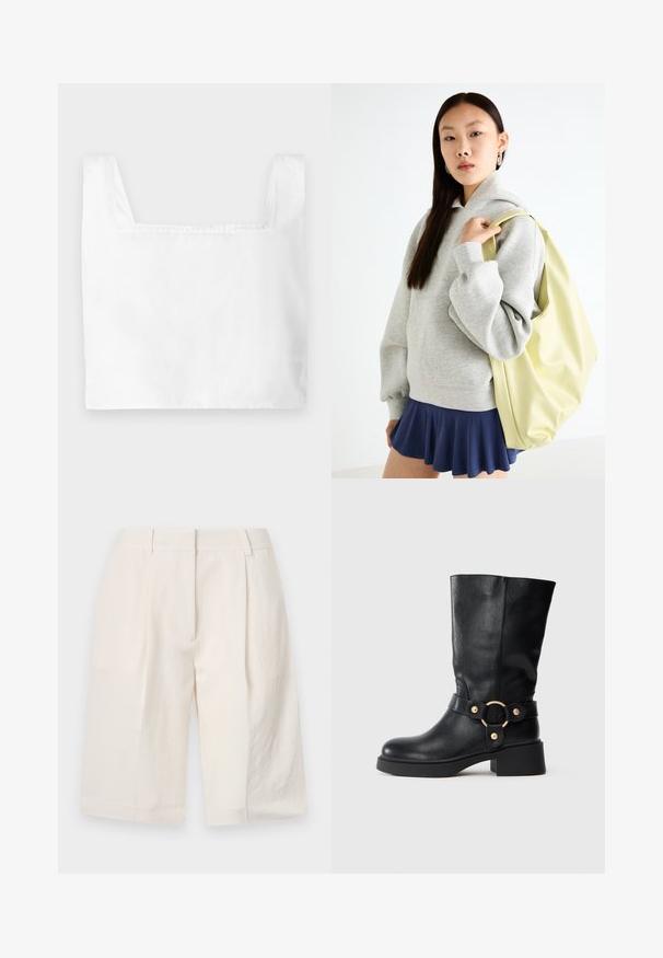 Top bianco a maniche corte con scollatura quadrata, realizzato in tessuto leggero. Presenta una cucitura pulita e spalline larghe.; Pantaloni corti bianchi in lino con un design sartoriale, davanti plissettato e aperture ampie sulla gamba. Tessuto morbido e lunghezza a metà coscia.; Stivale in pelle nera a metà polpaccio con tacco spesso e cinturino decorativo dotato di una fibbia circolare dorata su sfondo bianco.; Felpa grigia oversize con tasca a marsupio, abbinata a una gonna svasata blu navy. Accessorio: grande zaino giallo chiaro, di texture liscia.