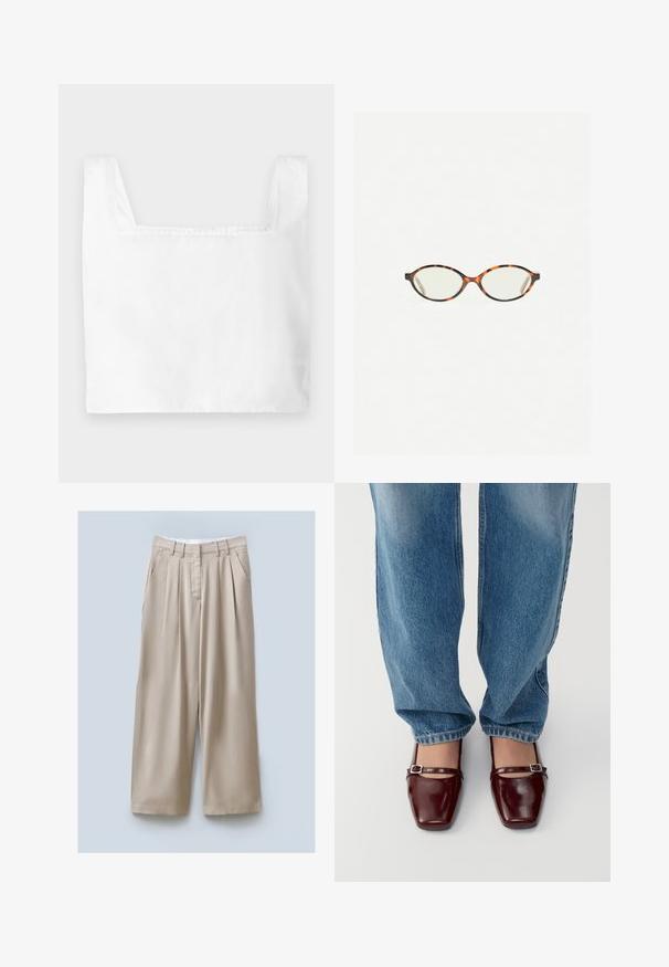 Biele skrátené tričko so štvorcovým výstrihom, vyrobené z ľahkej látky. Obsahuje čisté švy a široké ramenné popruhy.; Béžové široké nohavice s textúrovaným povrchom, obsahujúce dve bočné vrecká, predné puky a pás pre bezpečné nosenie.; Burgundské lakované topánky so štvorcovou špičkou a členkovým remienkom, skombinované s voľnými svetlomodrými džínsami. Topánky majú lesklý povrch.; Korytnačkové okuliare s oválnymi šošovkami a hladkým, lesklým povrchom. Majú tenké strany s jemným zakrivením na spánkoch. Priehľadné šošovky.