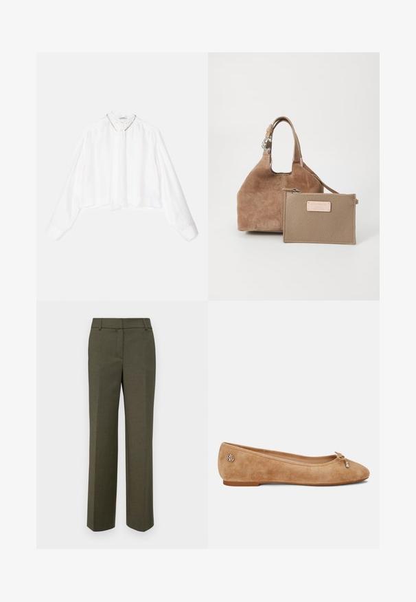 sandro ANGELINE - Bluse - ecru; Olivengrøn skræddersyede bukser lavet af tekstureret stof. Har et lige ben-design med flad front og ingen synlige dekorationer.; Beige ruskind ballet sko med en let spids tå, en sløjfe på forsiden og et lille metallic logo på hælen. Flad sål.; Rundbrun suede håndtaske med en kort hank. Har en aftagelig lys læderpung med lynlås og logo-detalje.
