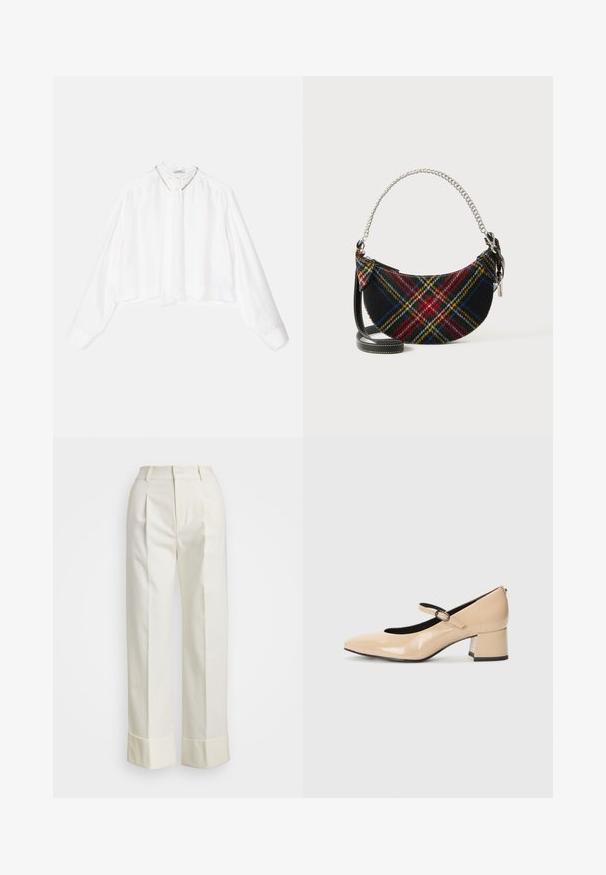 sandro ANGELINE - Blúz - ecru; Fehér, szabott nadrág magas derékkal, dupla elülső redőkkel és széles lábakkal, hajtogatott szegésekkel. Simító, textúrált anyagból készült.; Beige színű patent bőr Mary Jane cipők, hamis orrú, csatos pánttal és közepes magasságú blokk sarkúak. Simogató tapintású, fényes felülettel.; Gyapjú keverékből készült, tartán mintájú táska, félnyeked alakú, ezüst láncfogantyúval és levehető fekete bőr pánttal.
